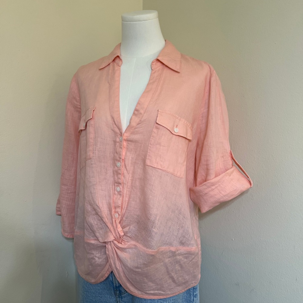 INC International Concepts Peach Pink 100% Linen Twist Front Roll Tab Blouse L - Picture 3 of 6